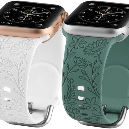 2 Pack Flower Engraved Sport Strap Compatible with Apple Watch Bands