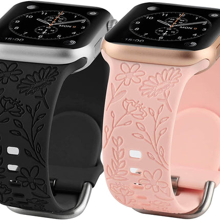 2 Pack Flower Engraved Sport Strap Compatible with Apple Watch Bands